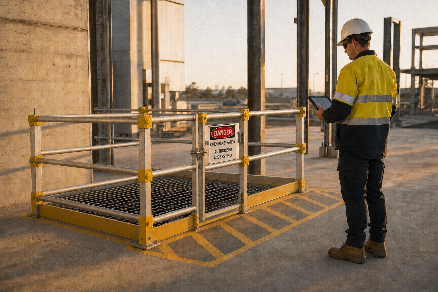 A safety professional verifying guardrails installed around a floor opening